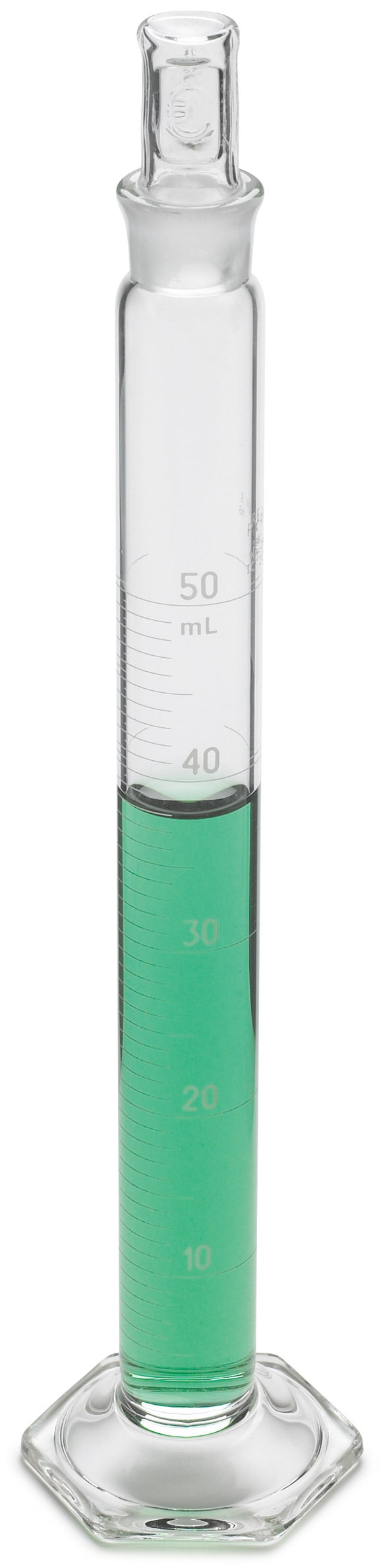 Cylindre, gradué, mélange, verre, 50 mL +-0,4 mL, divisions de 1,0 mL, bouchon en verre n° 16