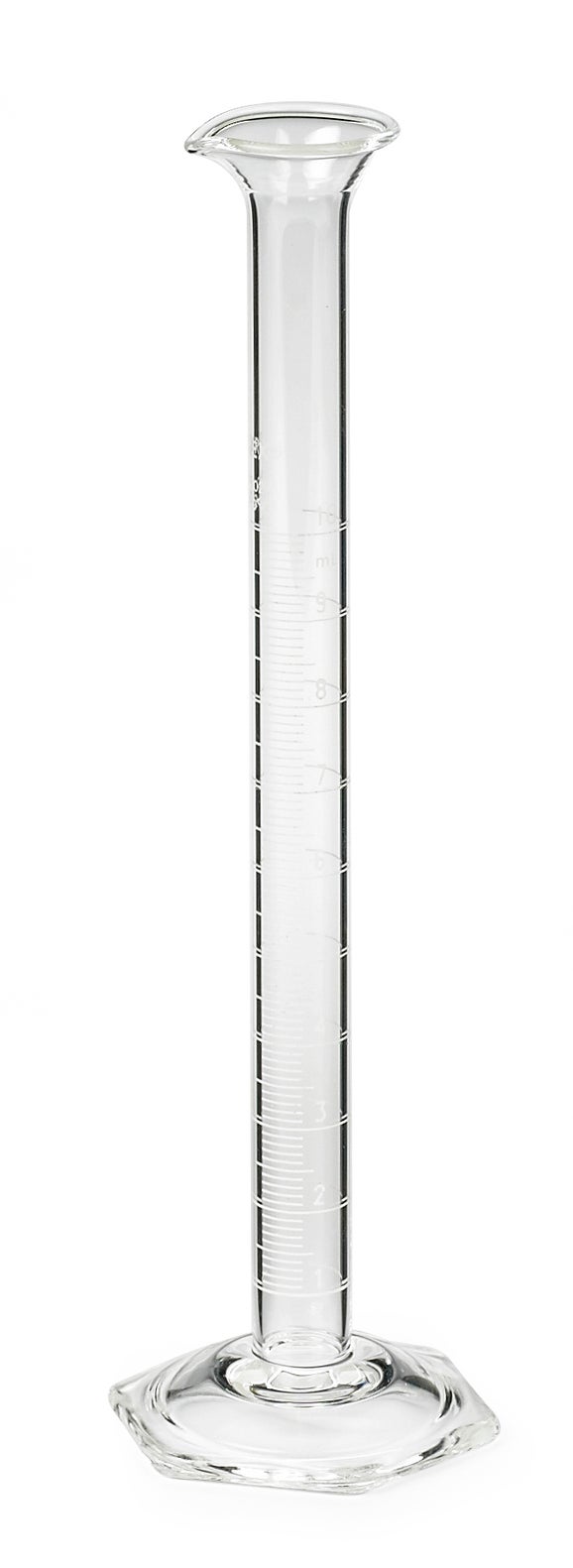 Cylindre gradué, 10 mL +- 0,1 mL, divisions de 0,2 mL (marques blanches)