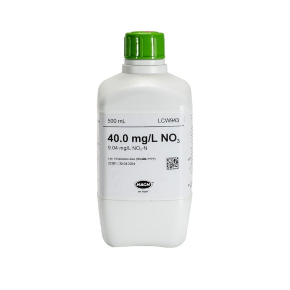 Solution étalon riche en nitrate, 40 mg/L, NO₃ (9,04 mg/L NO₃-N), 500 mL